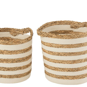 Panier rayé herbe/coton blanc set de 2