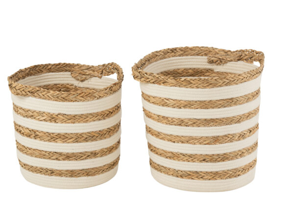 Panier rayé herbe/coton blanc set de 2