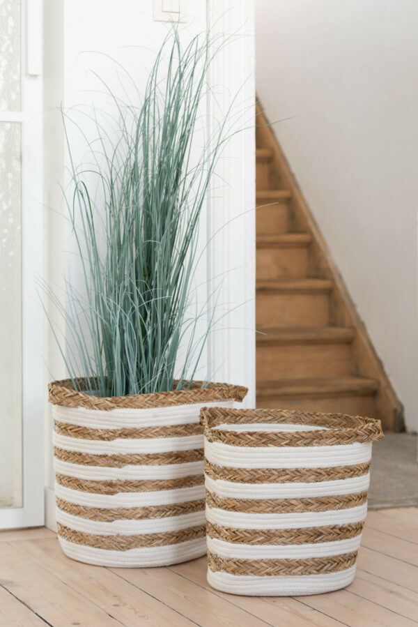 Panier rayé herbe/coton blanc set de 2 – Image 2