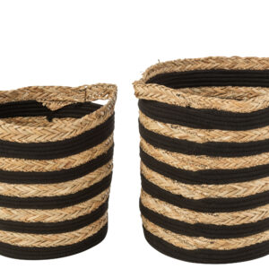 Panier rayé herbe/coton noir set de 2