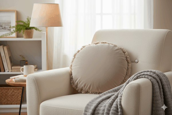 Coussin Rond Velours Coton/Lin Gris – Image 2